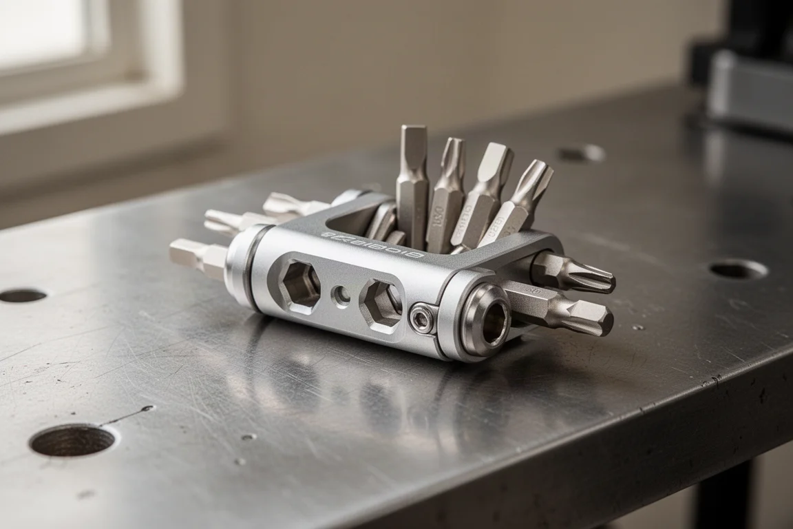 Utensile per bicicletta in alluminio lavorato appoggiato su un banco di lavoro accanto a piccole punte