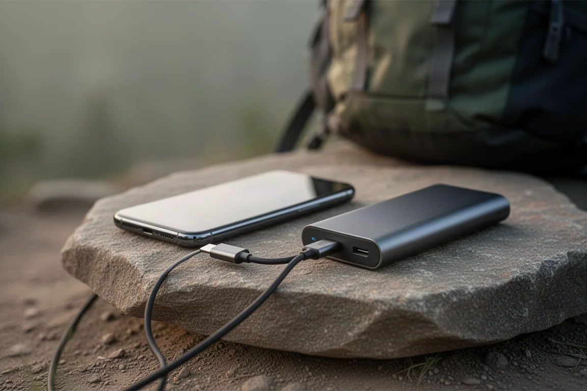 手機與薄型行動電源以一條短的 USB-C 充電線相連,放在步道旁的岩石上
