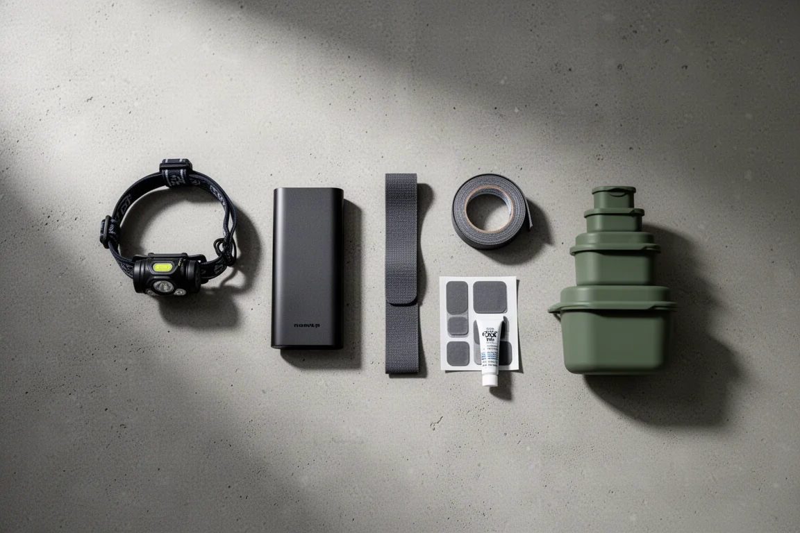 Flat lay di piccoli oggetti da backpacking tra cui una frontale, un power bank, nastro, toppe e contenitori