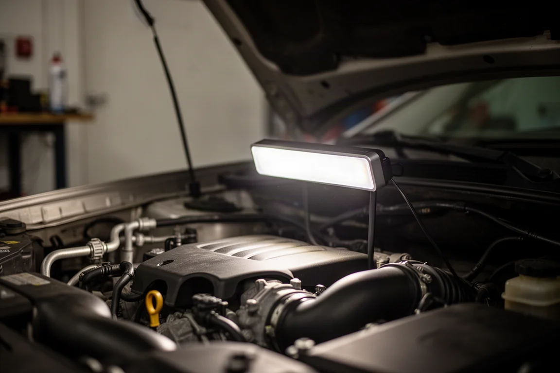 Dünne Taschen-Arbeitsleuchte am Motorraum eines Autos befestigt, wirft helles, gleichmäßiges Licht