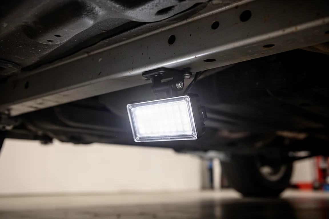 Kompakte Arbeitsleuchte mit klappbarem Kopf an einem Metall-Fahrzeugrahmen befestigt