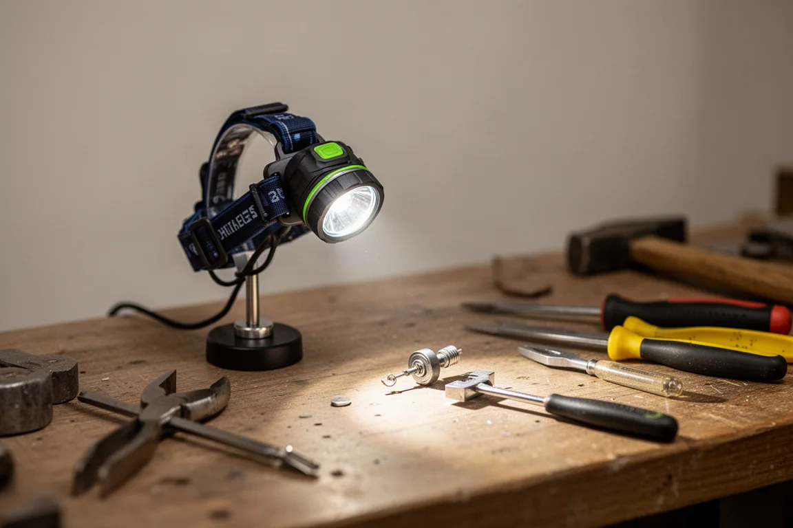 Kleine umgebaute Stirnlampen-Arbeitsleuchte steht auf einer Werkbank und richtet sich auf eine Aufgabe