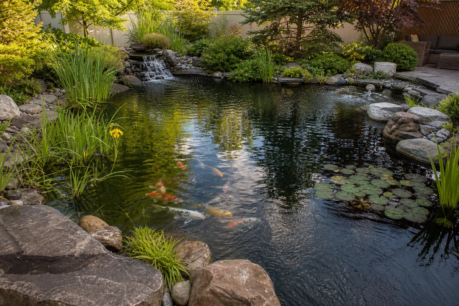 Laghetto da giardino con acqua limpida e piante acquatiche in salute