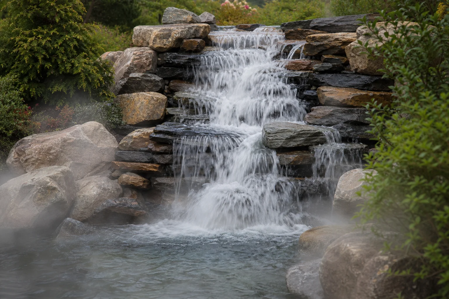 Cascata in un laghetto da giardino con un flusso d'acqua vigoroso