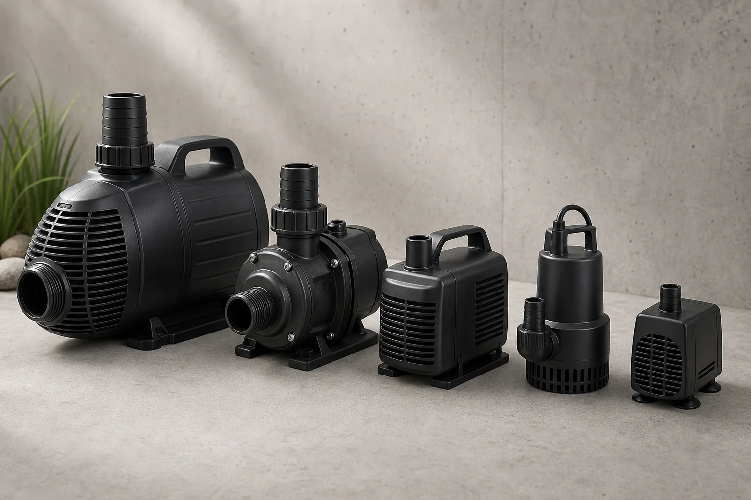 Five pond pumps arranged by size on concrete surface
