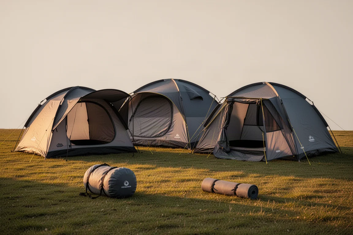 Three pop-up camping tents pitched on grass with carry bags and a sleeping pad in front