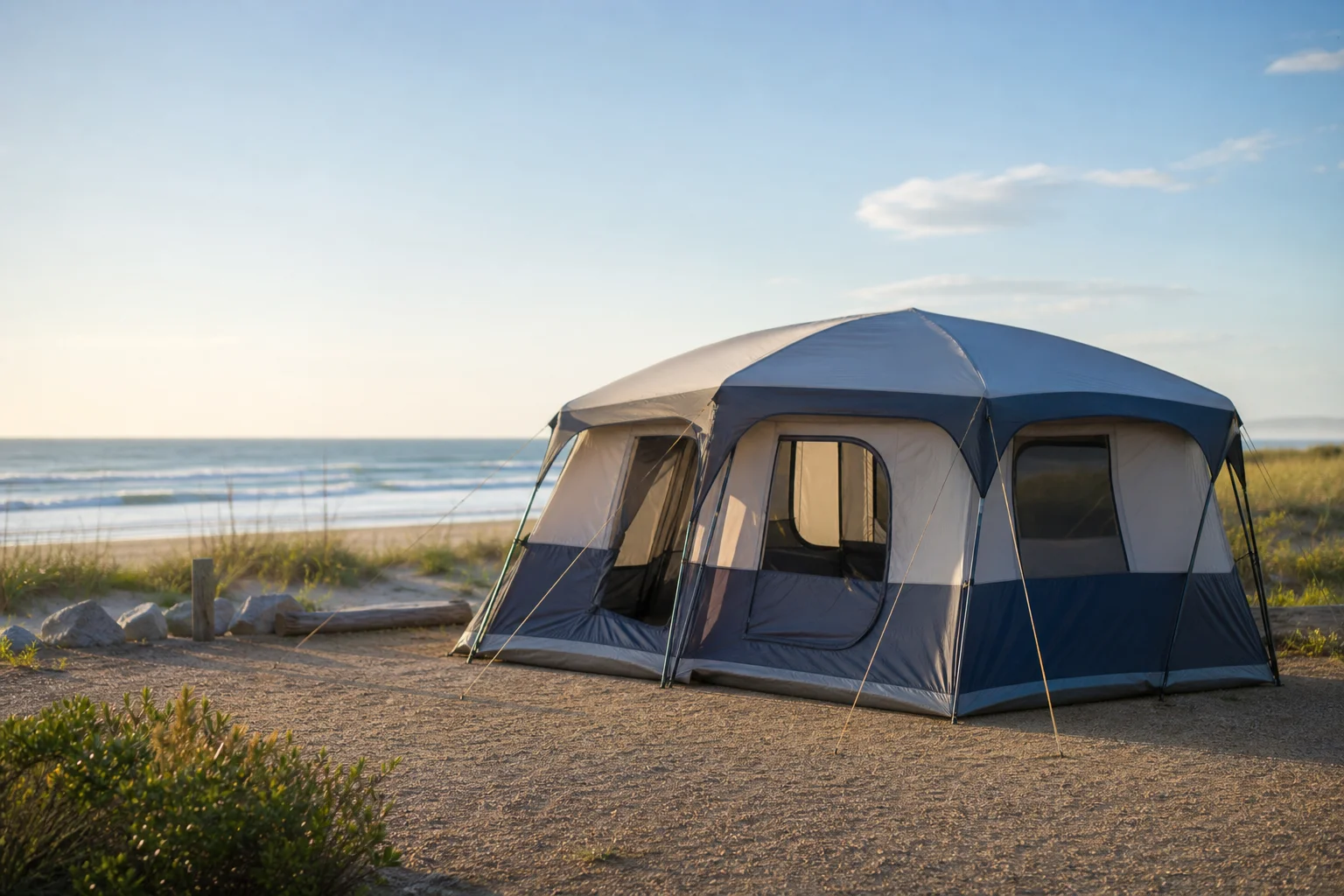 Familienzelt auf einem Strandcampingplatz mit Meer und Dünen im Hintergrund