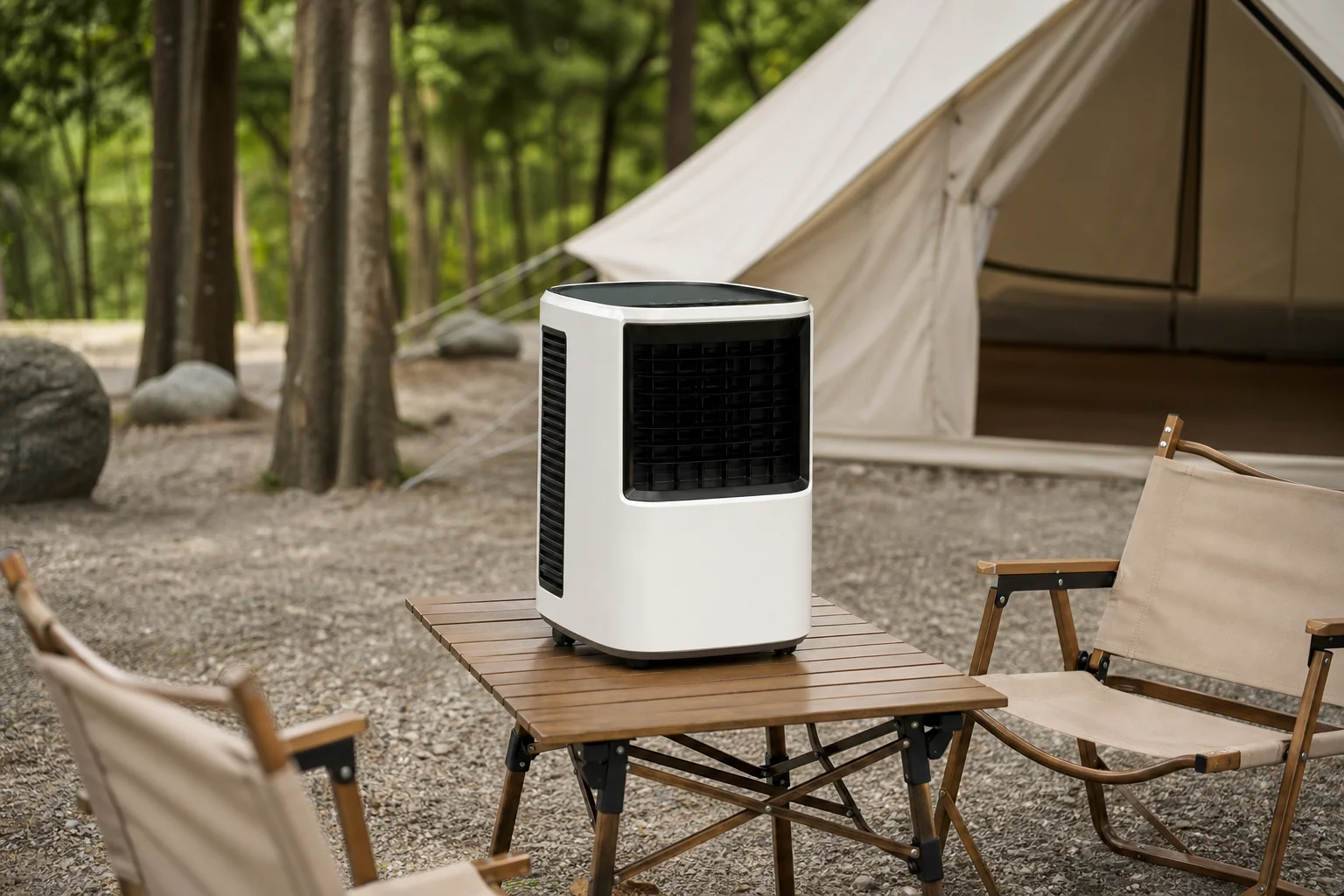 Tragbares Klimagerät auf einem Campingtisch mit Stühlen und Bäumen in der Nähe