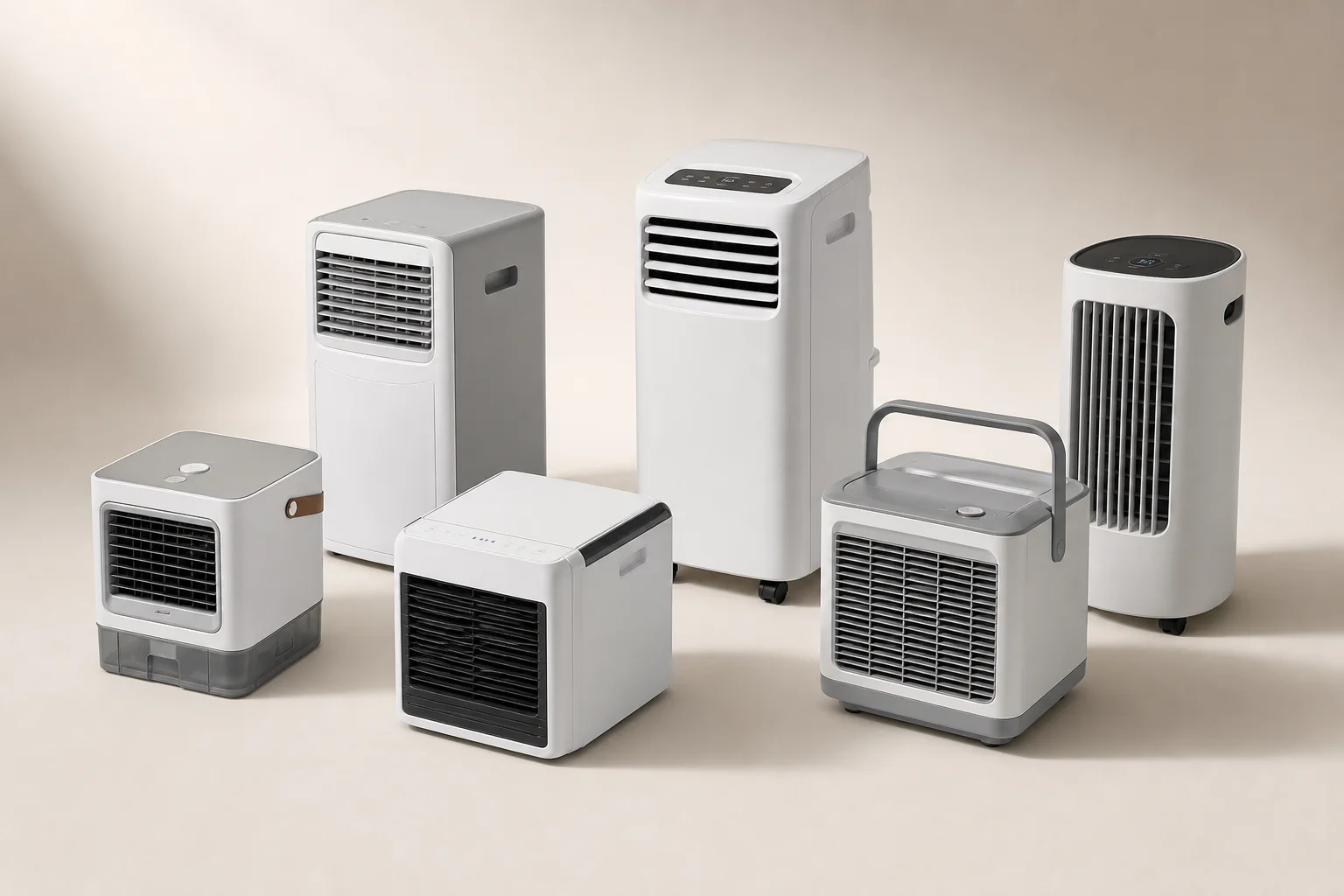 Six portable air conditioning units arranged on neutral backdrop