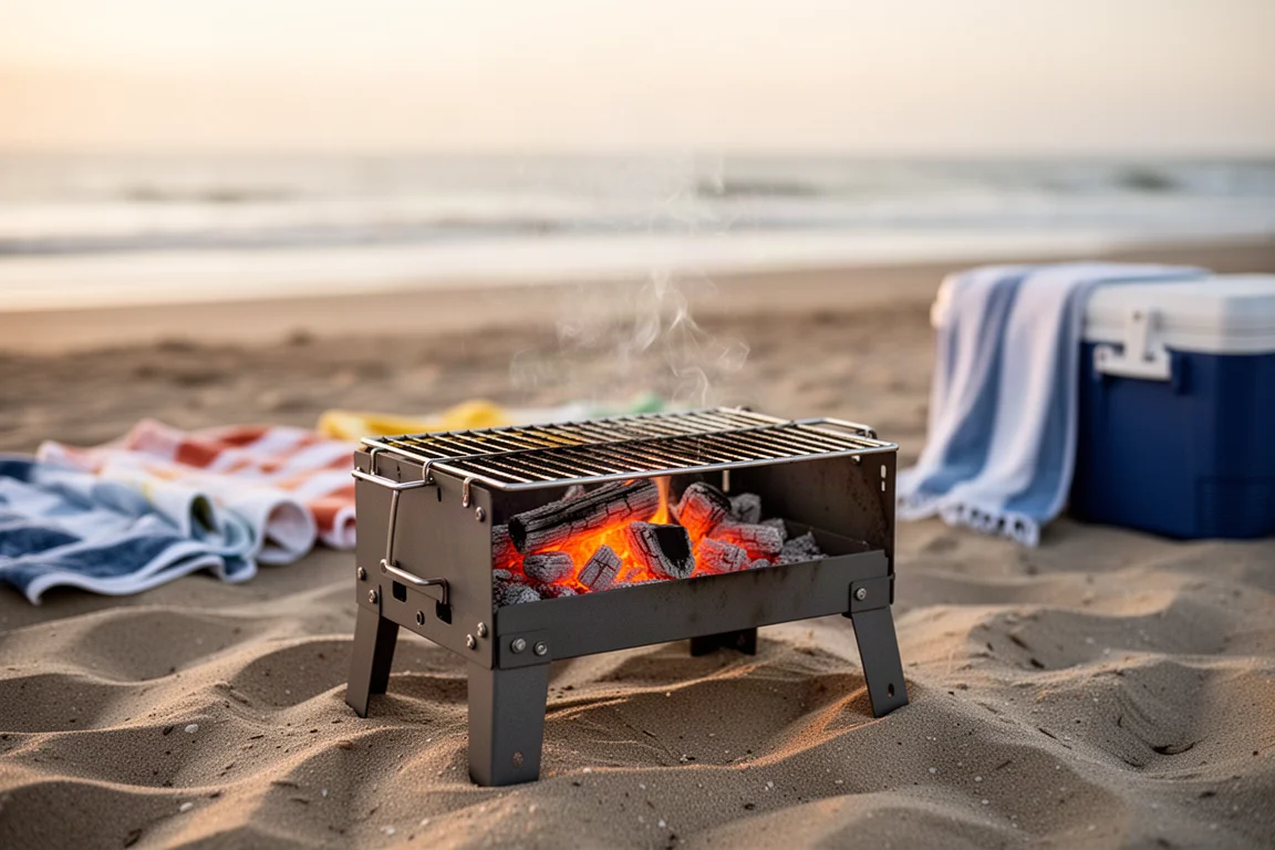 Flat-pack portable charcoal grill assembled on a beach at golden hour
