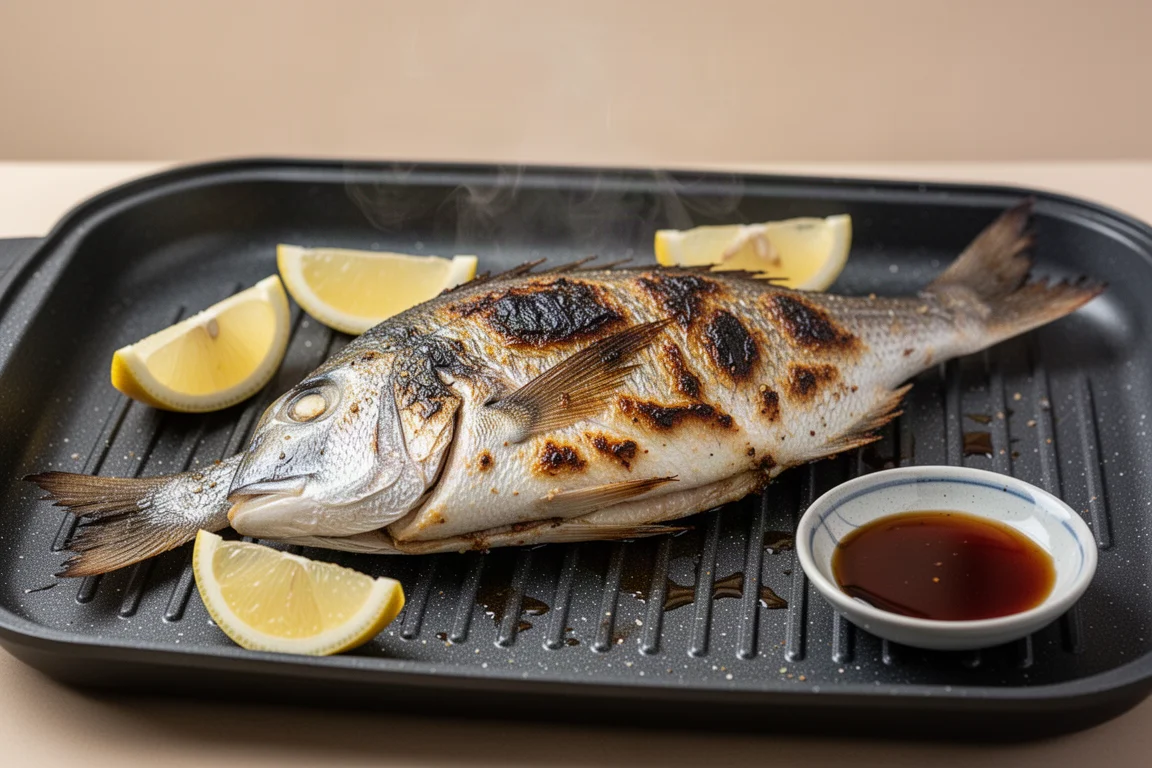 Crispy-skinned whole fish fresh off an electric grill with charred skin detail