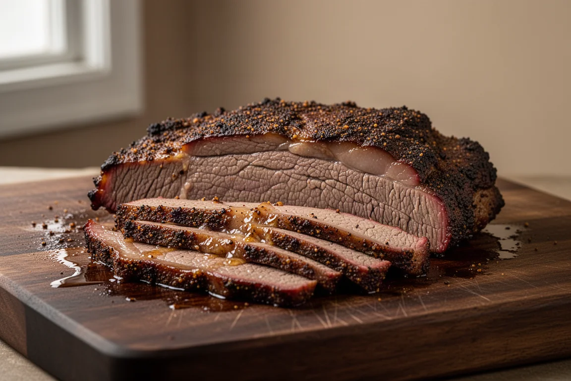 Sliced smoked brisket with bark and smoke ring on a wooden board