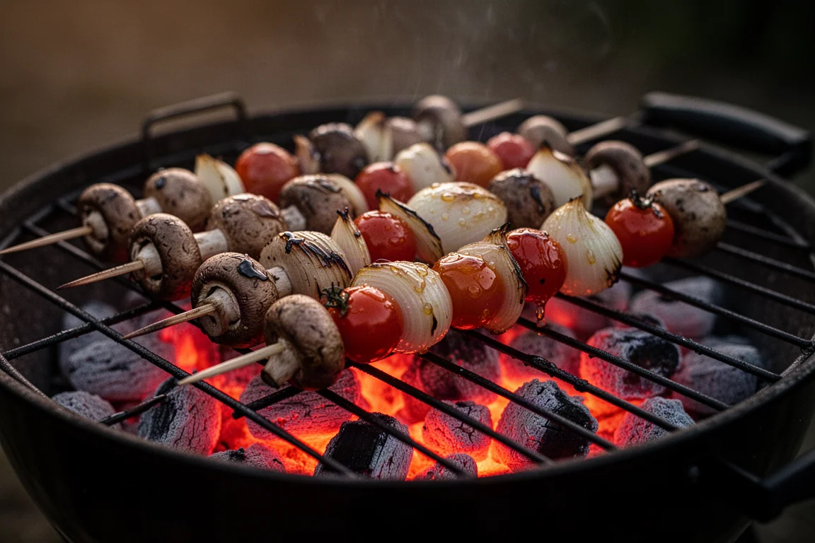Skewers of glazed vegetables and meat charring over glowing coals at dusk