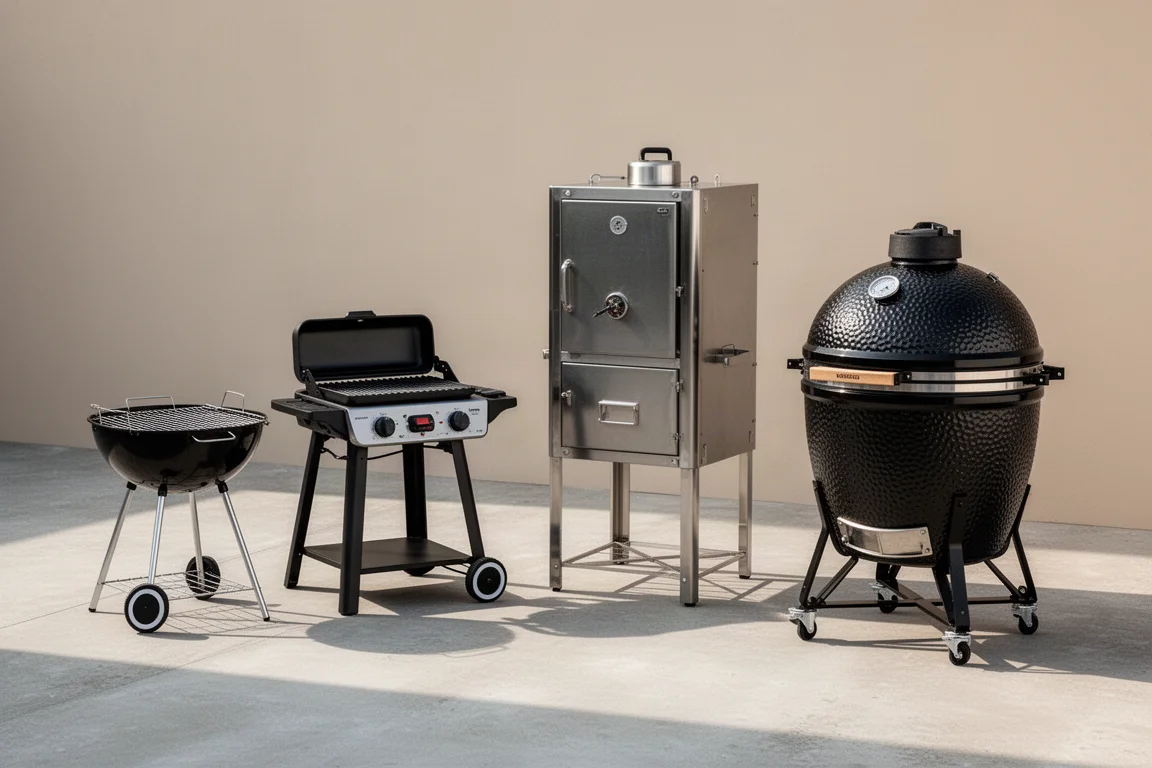 Four barbecues of different styles lined up on a concrete terrace