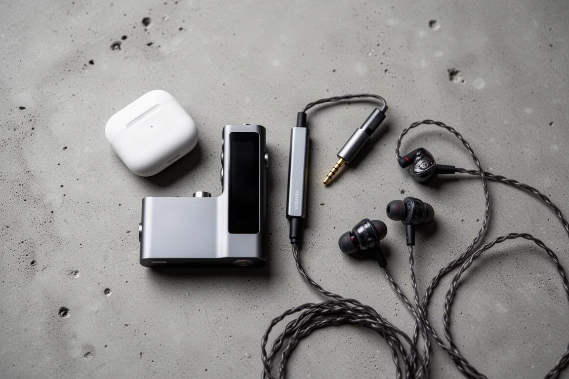Draufsicht auf Earbuds, einen Player, einen Dongle-DAC und kabelgebundene In-Ears auf Beton