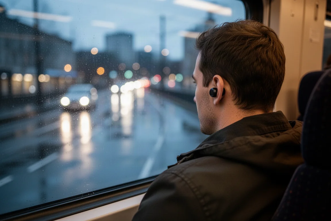 Pendler am Zugfenster in der Dämmerung mit kleinen schwarzen True-Wireless-Earbuds