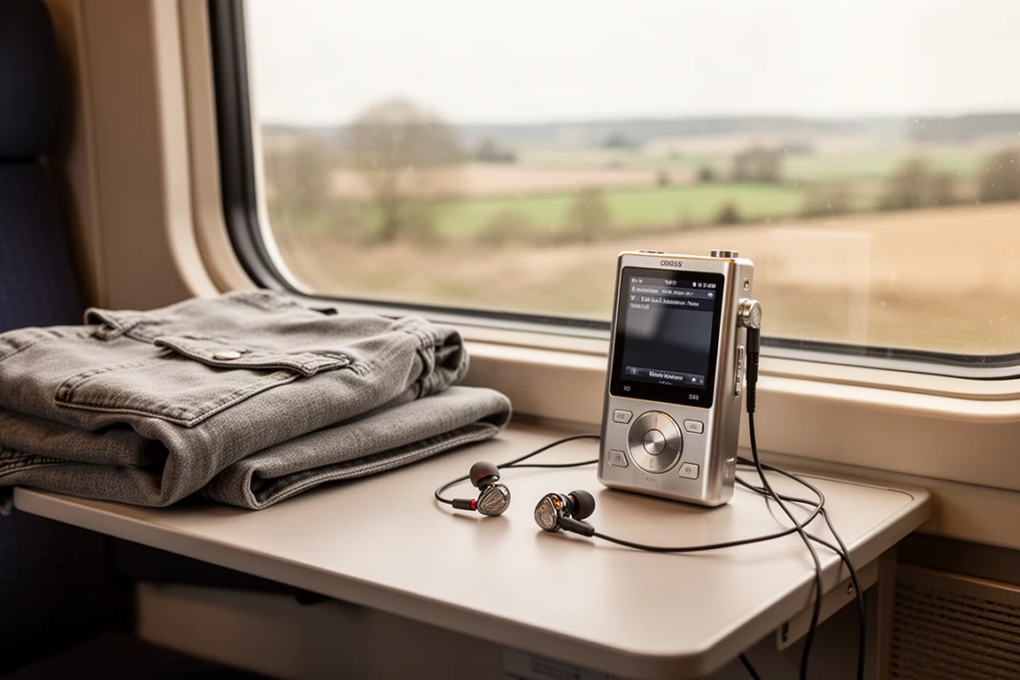 Zugfensterplatz mit einem Metall-Player und kabelgebundenen In-Ear-Monitoren auf einer gefalteten Jacke