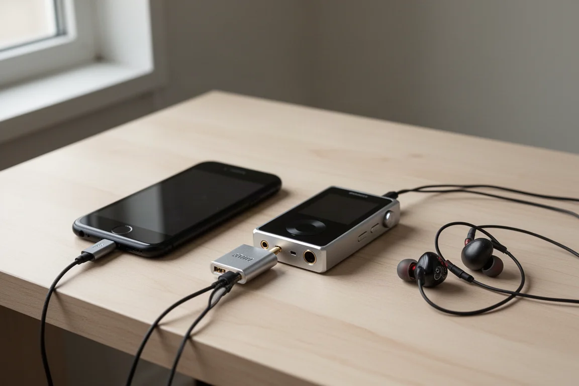 Schreibtisch mit einem Smartphone, einem kompakten Player, einem Dongle-DAC und kabelgebundenen In-Ear-Monitoren