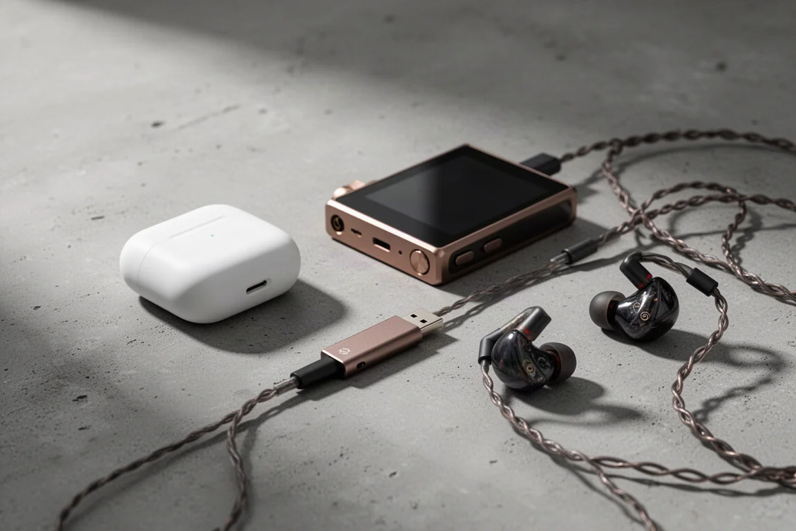 Portable audio gear including earbuds, a player, a dongle DAC and wired in-ears on concrete