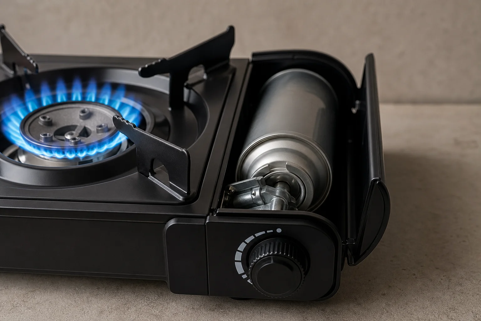 Gaskocher mit entzündeter Flamme und eingesetzter Butankartusche