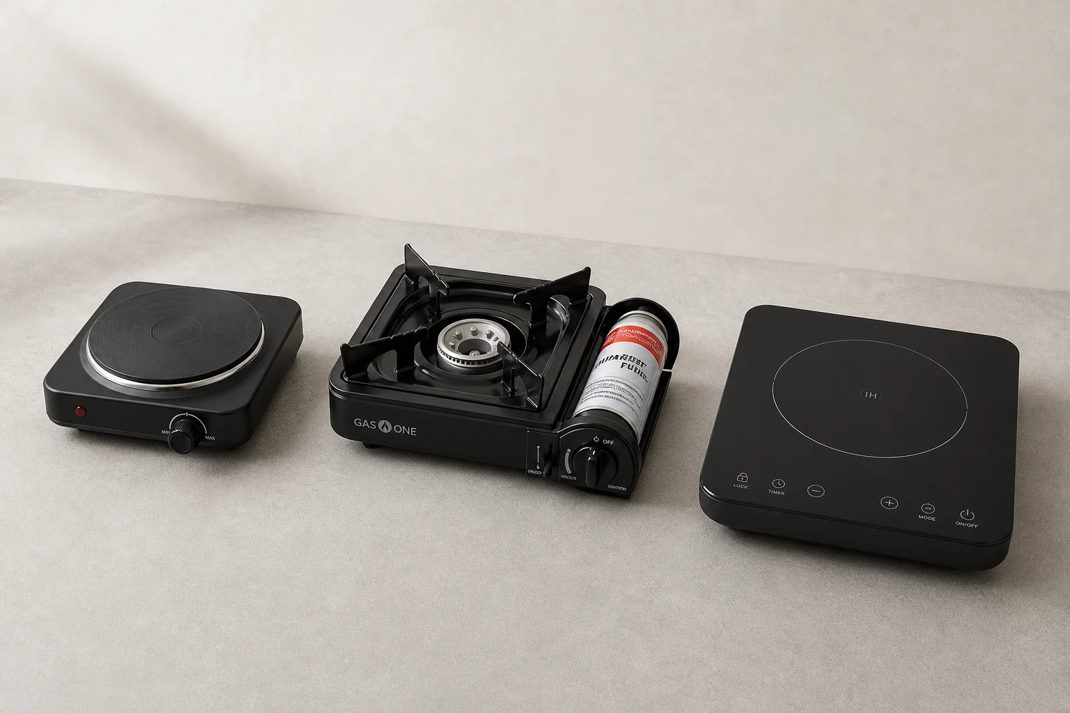 Three portable burners: electric, gas, and induction models on concrete surface