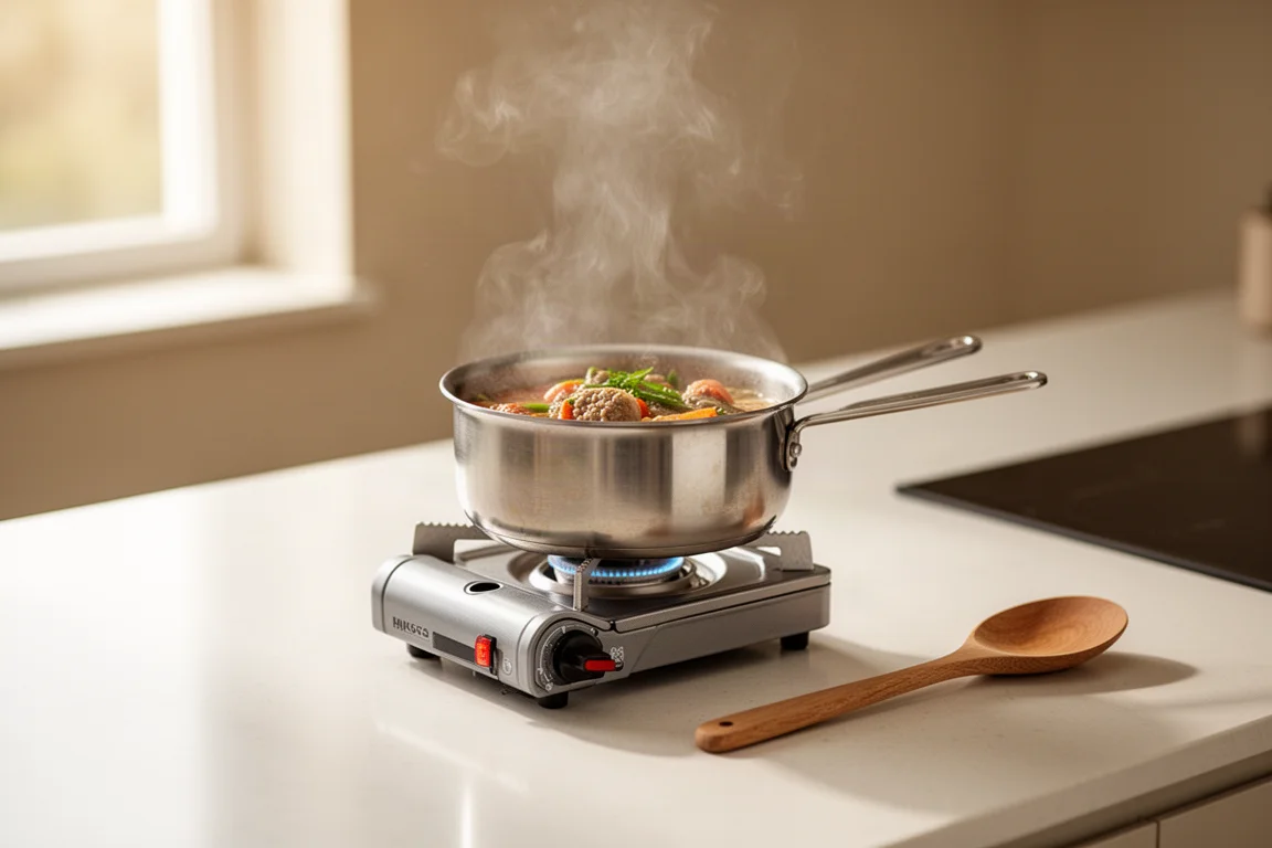 Portable burner set up on a kitchen counter next to a pot of food