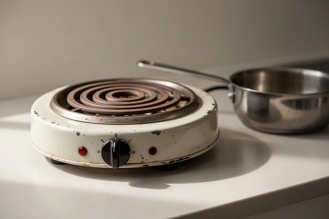 Small electric hot plate with a simple dial control on a countertop