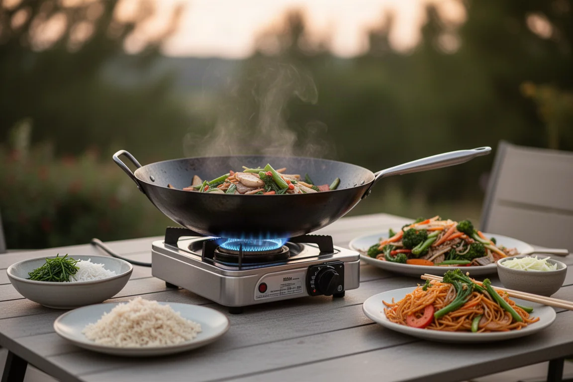 Portable gas burner with blue flame under a wok outdoors