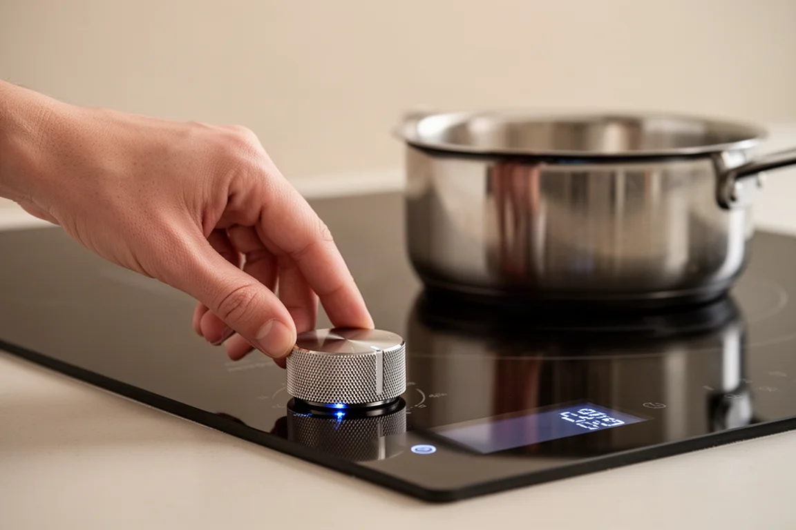 Chef adjusting the precision control knob on a premium induction cooktop
