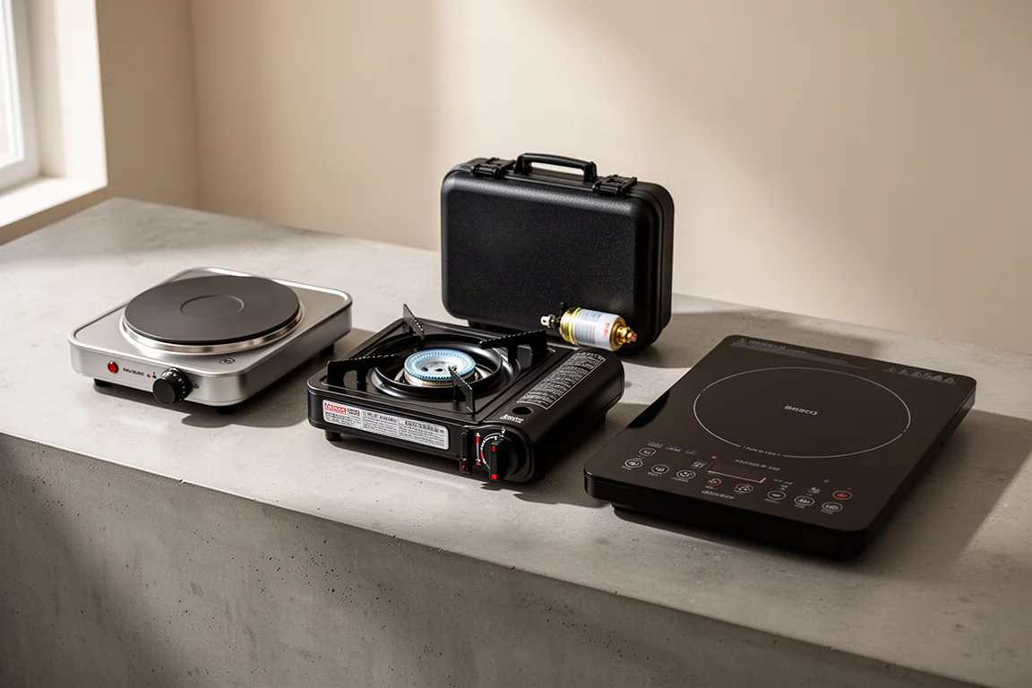 Three portable burners, electric, gas, and induction, lined up on a concrete counter