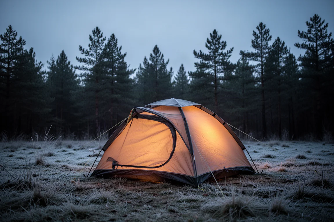 Small dome tent glowing with warm light at dusk in a frosty forest clearing