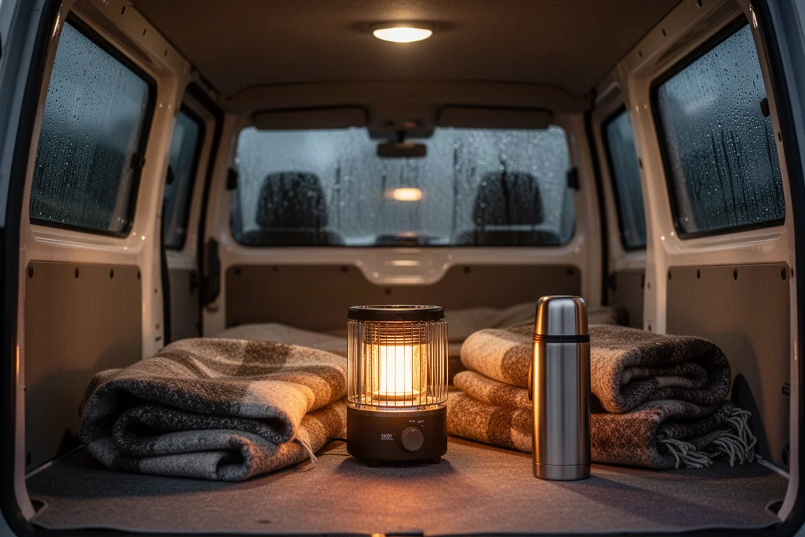 Camper van interior at night with a compact heater glowing beside folded blankets