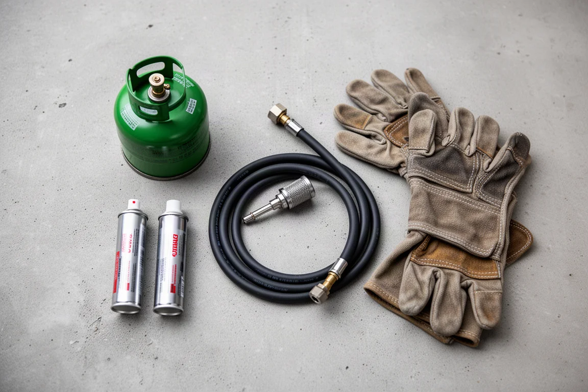 Overhead flat-lay of propane and butane canisters with a fuel hose and filter on concrete