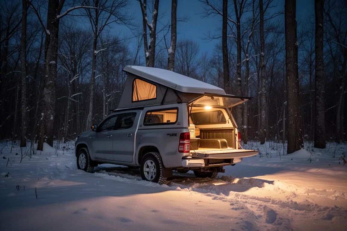 Camper-topped pickup truck in a snowy forest with warm light from the open tailgate