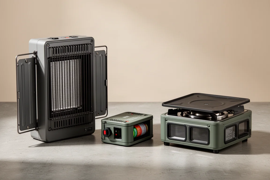 Three portable camping heaters arranged in a row on a concrete surface