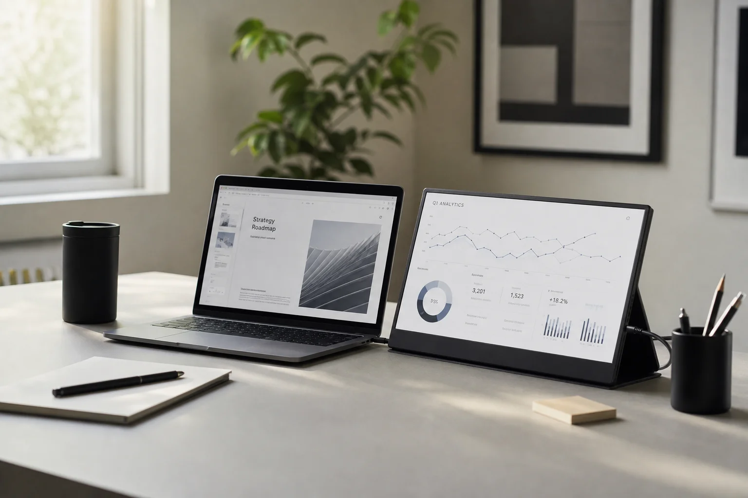 Postazione di lavoro professionale con laptop e monitor secondario portatile