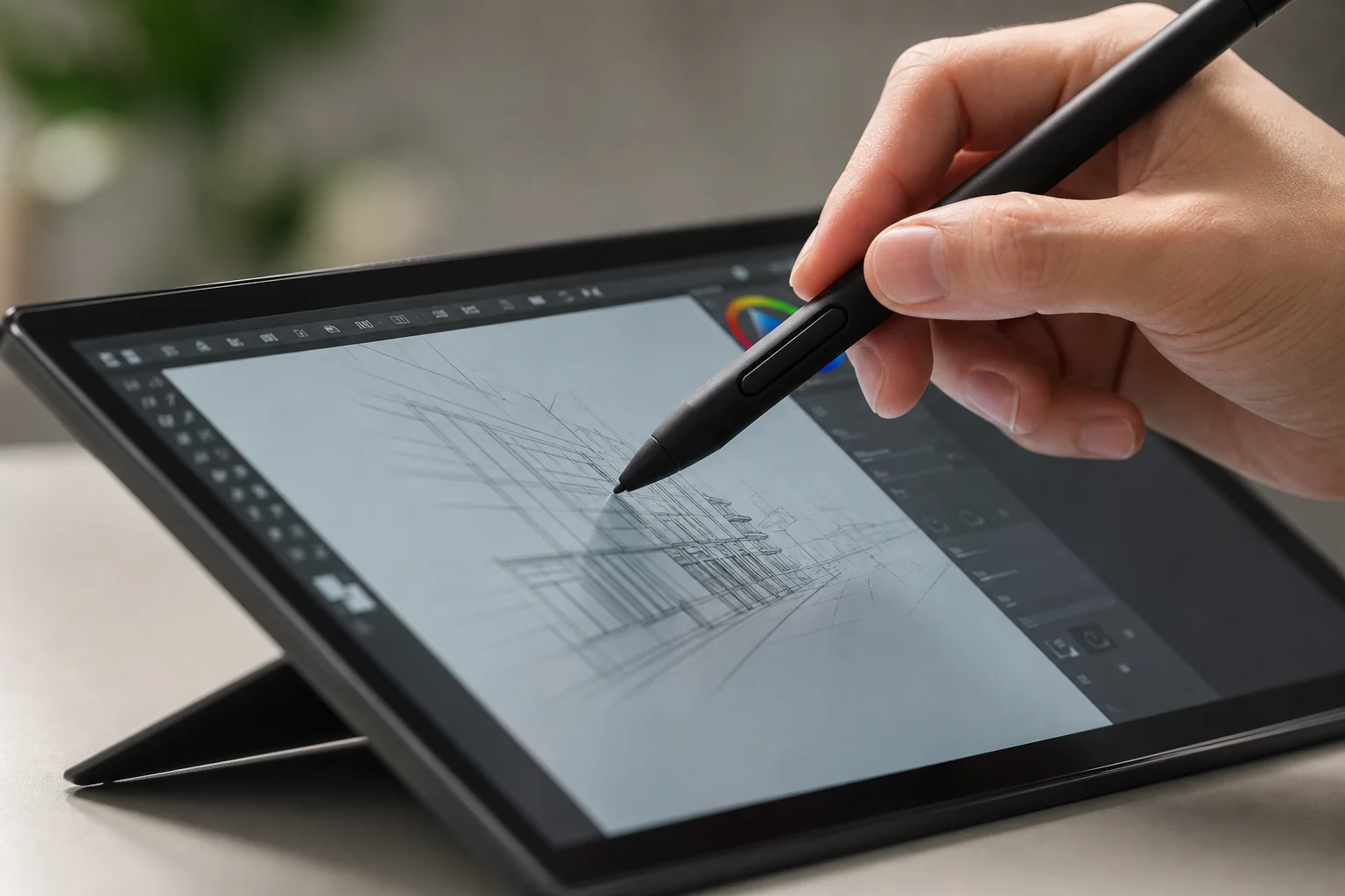 Primo piano di un touchscreen portatile con interazione tramite stilo