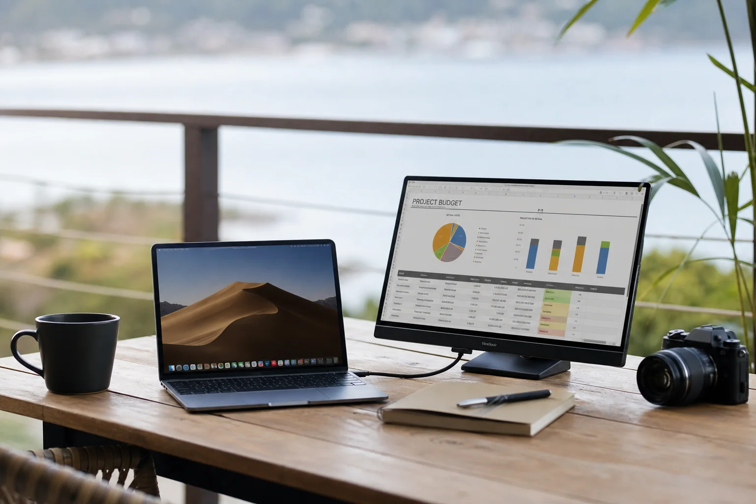 Professionista da remoto che utilizza un monitor portatile in un ambiente esterno