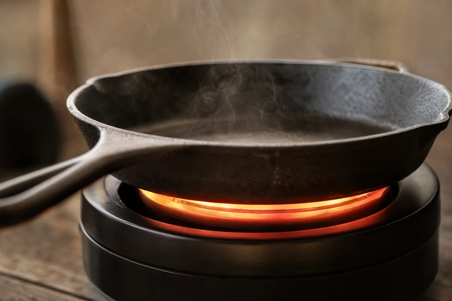 Ustensile de cuisine en fonte chauffant sur un brûleur de plaque portable avec de la vapeur