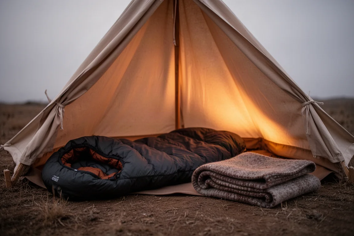 Small canvas tent interior at dusk lit by a warm glow from an off-frame heat source