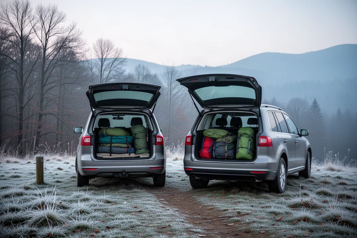 SUV tailgate open at a frosty trailhead on a cold autumn morning