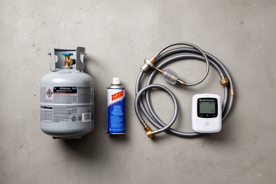 Flat-lay of propane and butane canisters, a fuel hose, and a carbon monoxide monitor on concrete