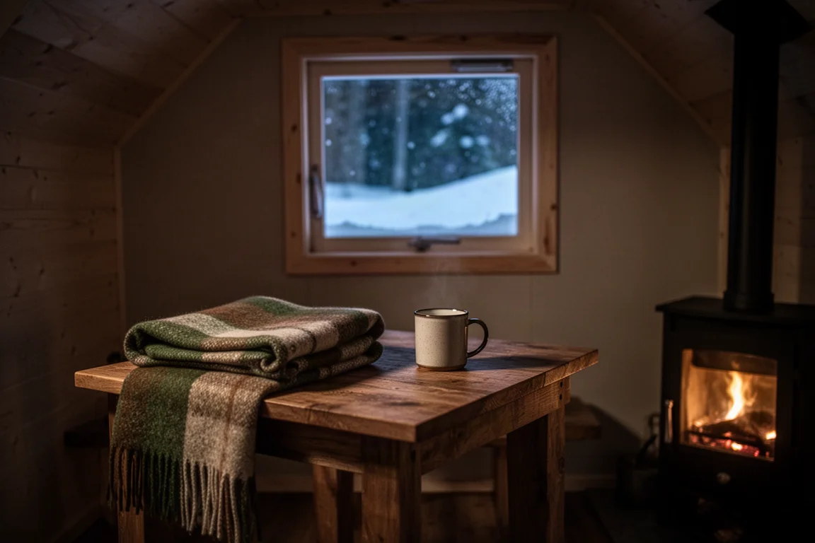 Off-grid cabin interior at night with warm light and snow visible outside the window