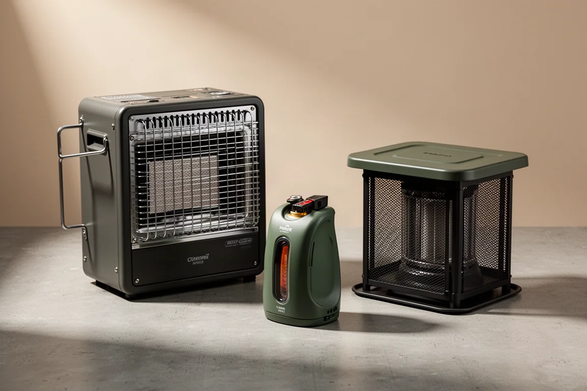 Three portable camping heaters arranged on a concrete surface in soft studio light