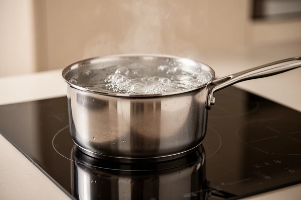 Agua hirviendo con fuerza en una cacerola sobre una cooktop de inducción de vidrio