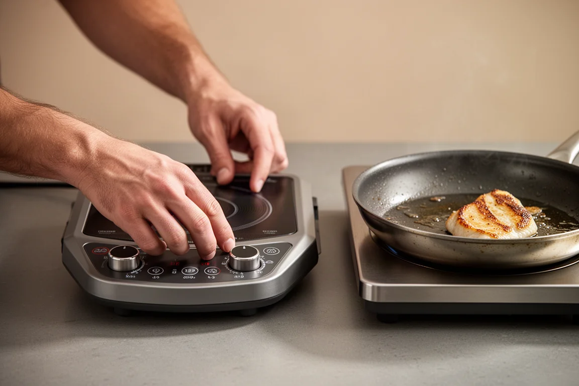 Un chef ajusta los controles de temperatura en un quemador de inducción profesional en una cocina