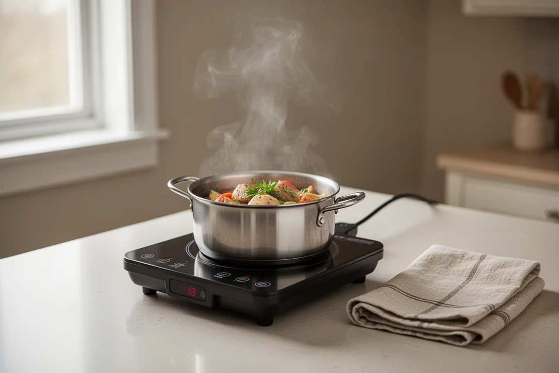 Quemador de inducción compacto cocinando en una cocina pequeña o sobre una encimera