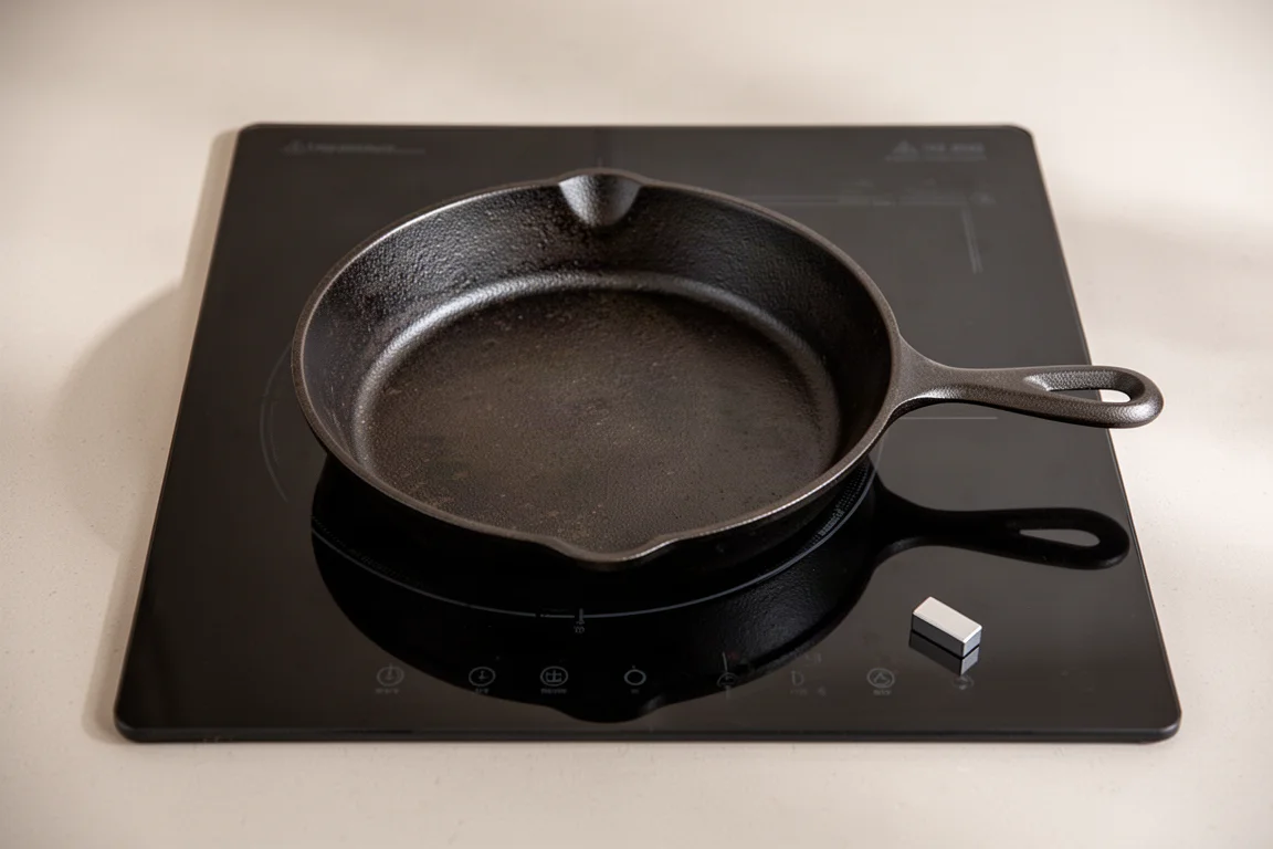 Sartén de hierro fundido sobre una cooktop de inducción, probando la compatibilidad magnética