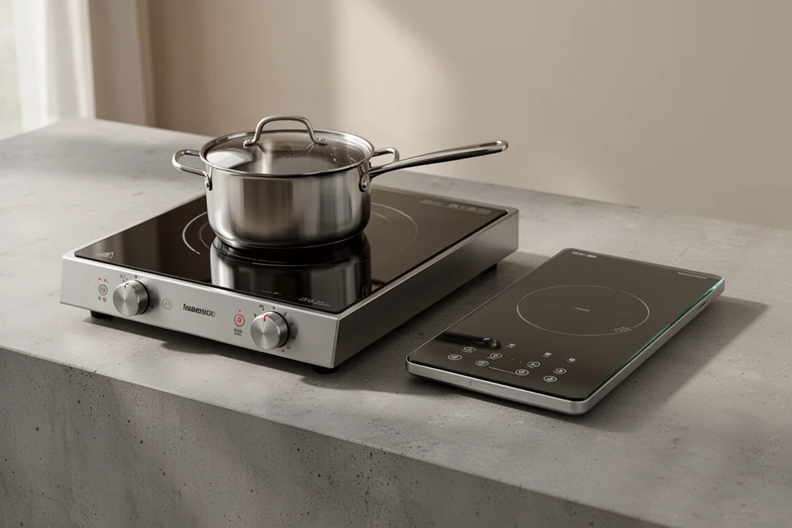 Two portable induction cooktops on a concrete counter with a stainless steel saucepan