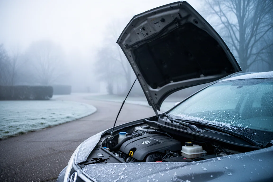 Car hood open on a cold morning with frost on the windshield